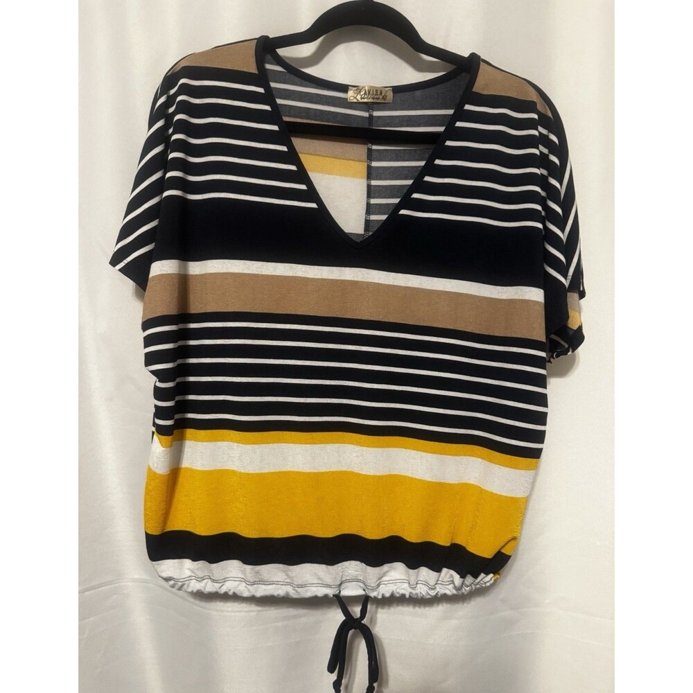 Lavish Striped Knit V-Neck Short Sleeve Drawstring Blouse Black L